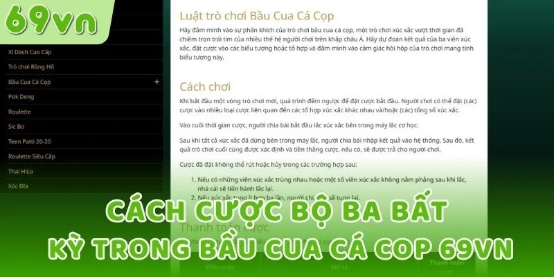 Cách cược bộ ba bất kỳ trong Bầu cua cá cọp 69VN