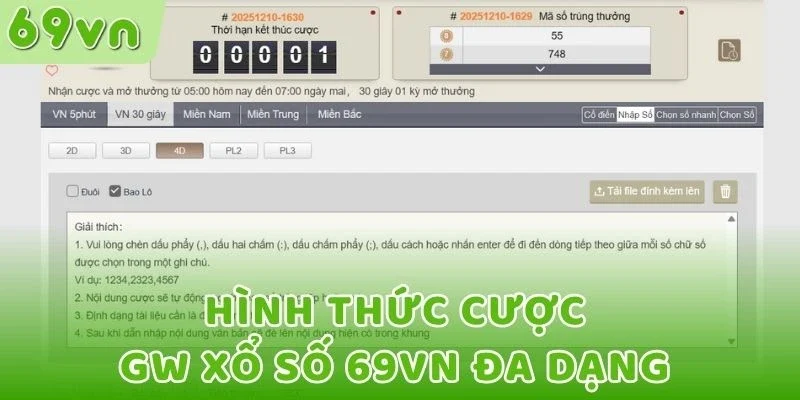 Hình thức cược GW xổ số 69VN đa dạng