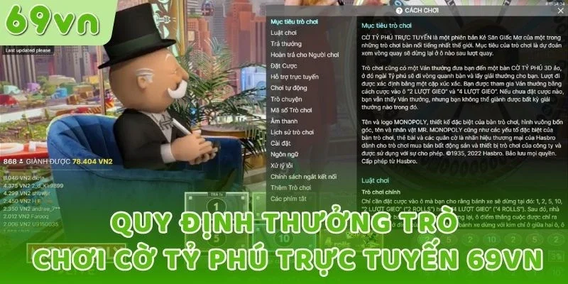 Quy định thưởng trò chơi Cờ tỷ phú trực tuyến 69VN