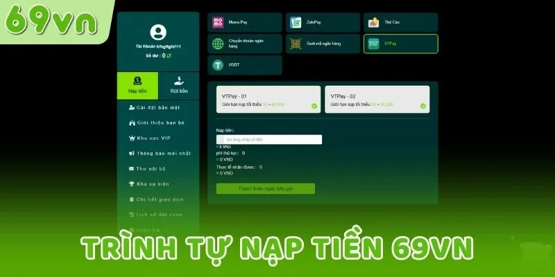 Trình tự nạp tiền 69VN 